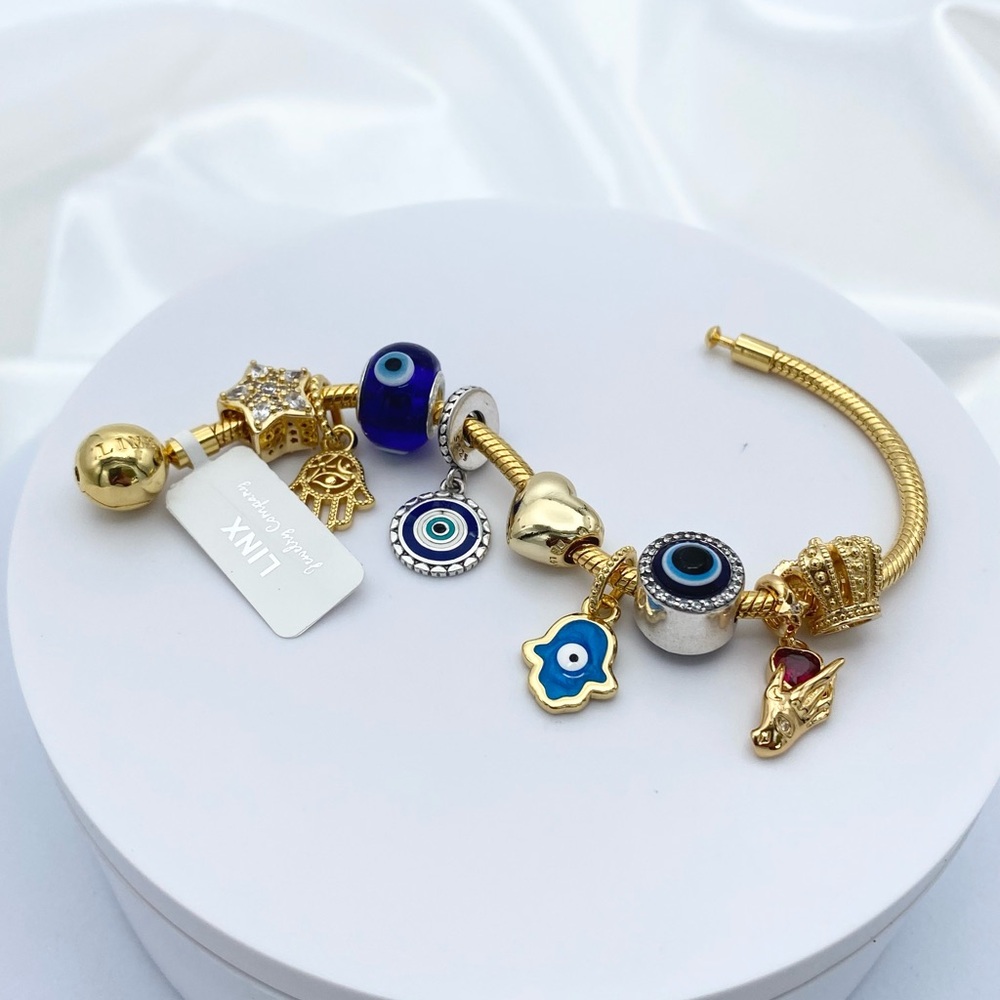 Linx Yellow Gold Snake Chain Bracelet with Hamsa Hand and Evil Eye Themed Charms